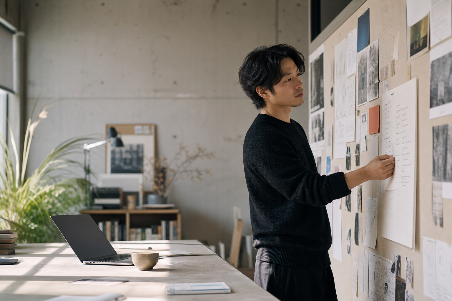 独立创业者在工作室内整理机会与市场线索